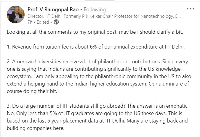 Post of Director, IITD on Linkedin.