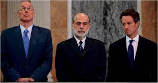 From left: Henry Paulson, Chairman of Goldman Sachs and later Secretary of Treasury, US, Ben Bernanke, Chair of the Federal Reserve, and Timothy Geithner, President of Fed Reserve Bank of NY followed by Secretary of Treasury