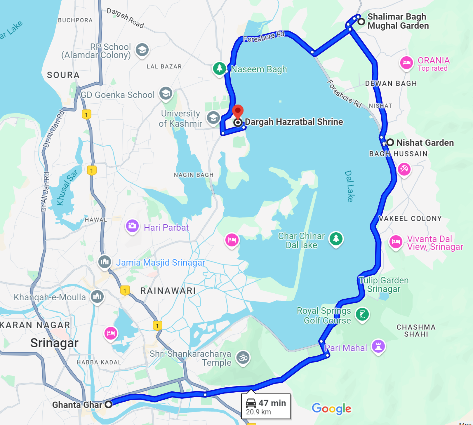 Route for the intracity tour within Srinagar