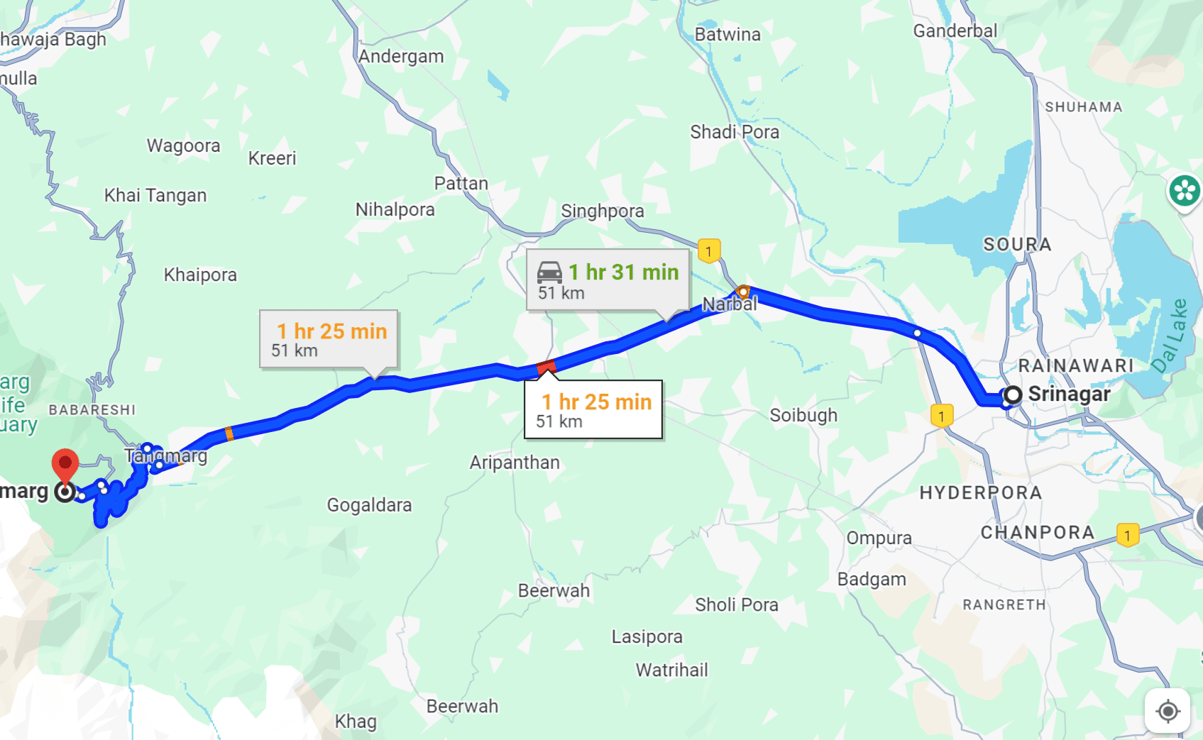 The route from Srinagar to Gulmarg