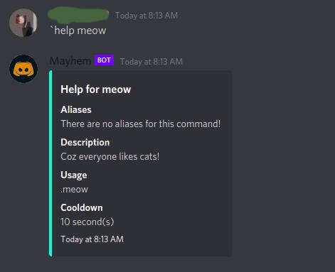 help meow command execution