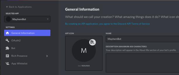 Created New Application in Discord Developer Portal